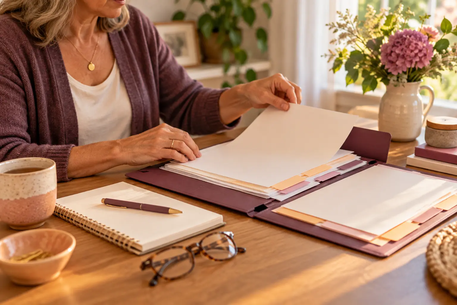 A woman organising papers in a folder with colour-coded tabs at a table.