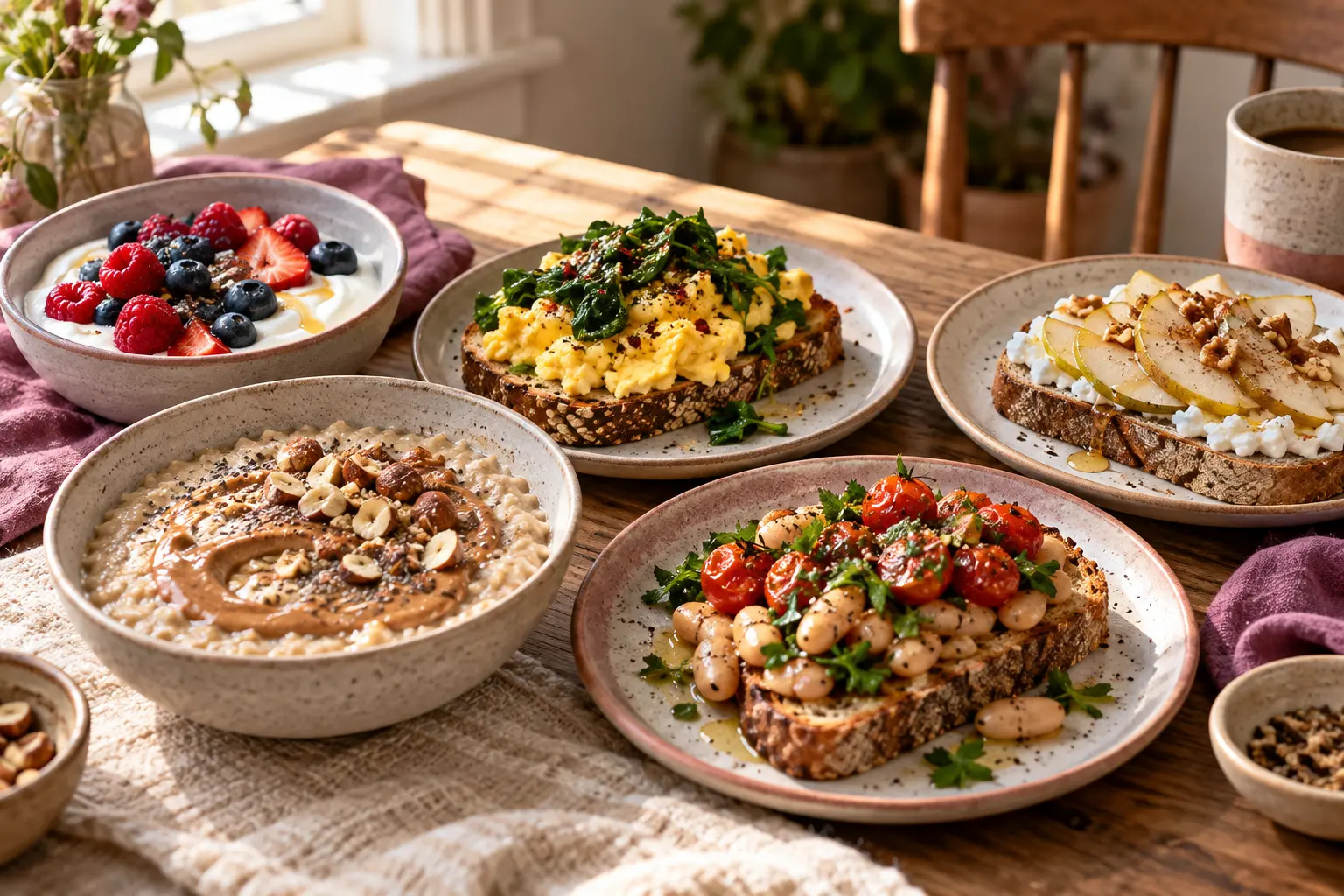 Five familiar breakfast ideas with yoghurt, eggs, toast, porridge and beans on a kitchen table.