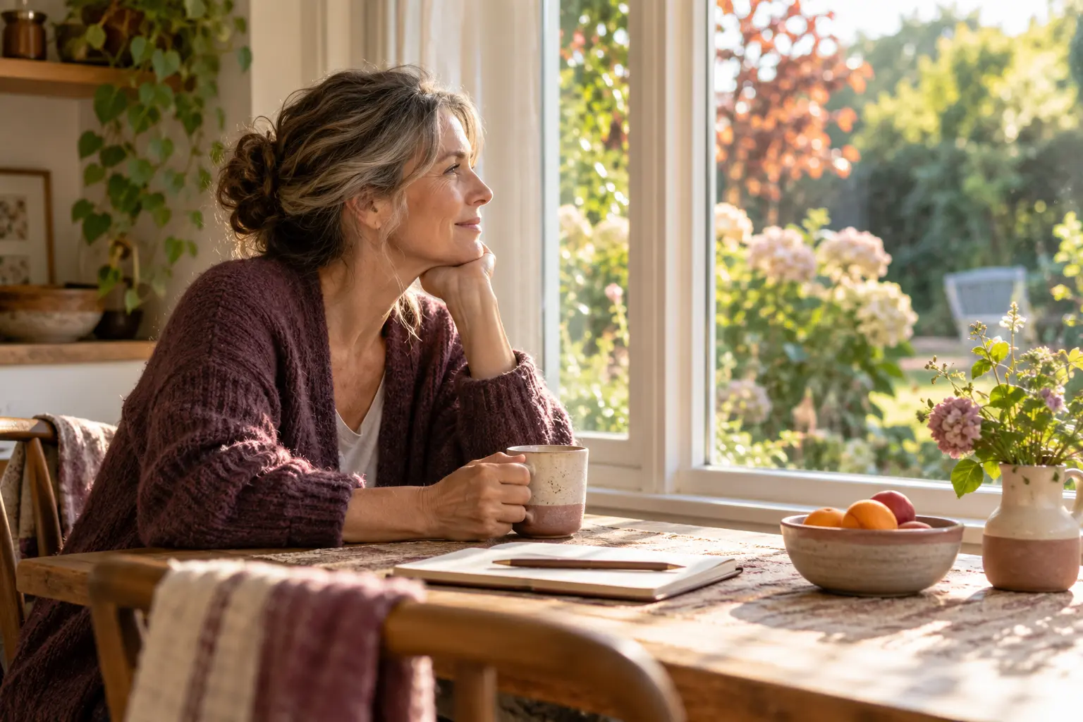 A woman at home beside a window in gentle morning light.