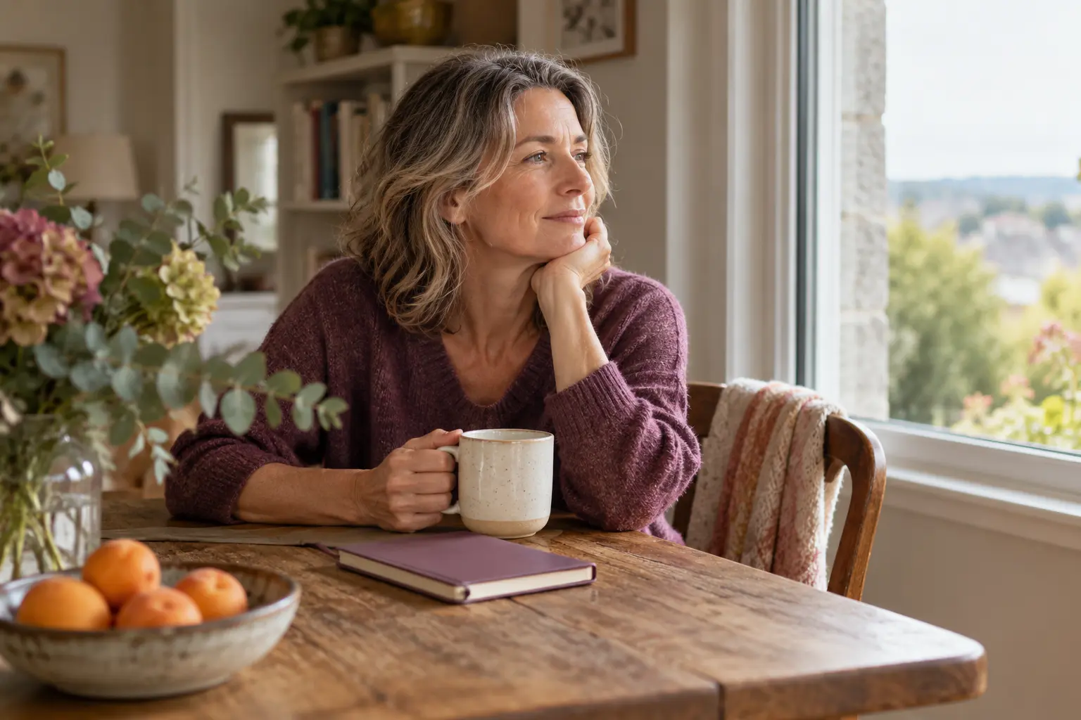 A woman taking a quiet seated pause by a window with a mug and notebook.